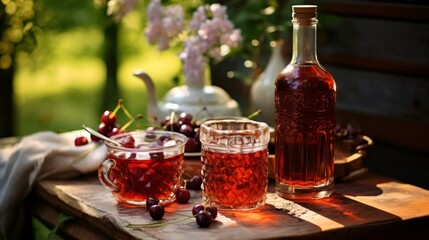 Fototapeta premium Cherry brandy in glasses and in a glass bottle on a wooden table in a summer garden.