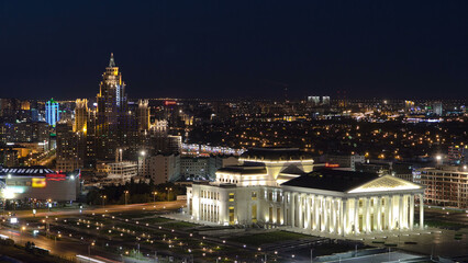 State opera and ballet theatre with residential building timelapse. Astana, Kazakhstan