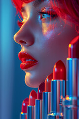 female face next to lipstick. beautiful perfect makeup.