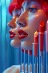 female face next to lipstick. beautiful perfect makeup.