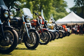 Lineup of various motorcycles on display at an outdoor event with a blurred background