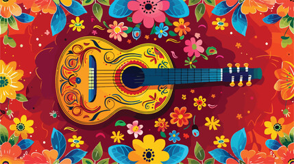  card with guitar and flowers Vector style