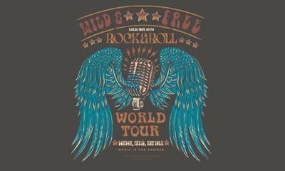 Wild and free.  Microphone vector. Eagle wing vector t-shirt design. Freedom music tour. Free spirit vintage artwork. America eagle rock and roll poster design. Music festival artwork.