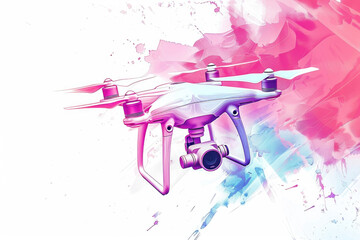 A DJI Phantom drone is positioned on a vibrant, colorful background, ready for takeoff or capturing aerial footage