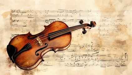 Naklejka premium A violin is on a sheet of music with notes and flowers. Scene is one of creativity and inspiration, as the violin is a symbol of artistic expression