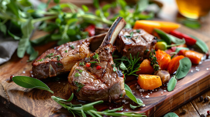 Succulent grilled lamb chops served on a rustic wooden board, garnished with fresh herbs, spices, and colorful vegetables. Ideal for gourmet dining experiences