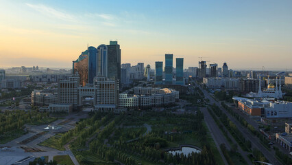 Elevated morning view over the city center and central business district timelapse, Kazakhstan,...