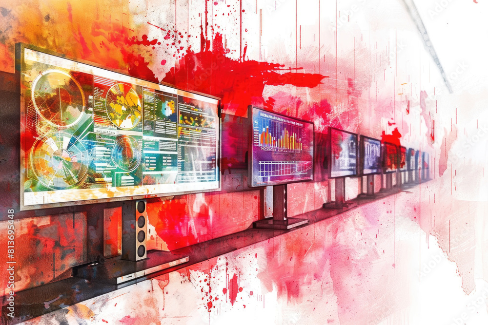 Poster a row of computer monitors covered in colorful paint splatters, creating a chaotic and messy scene i