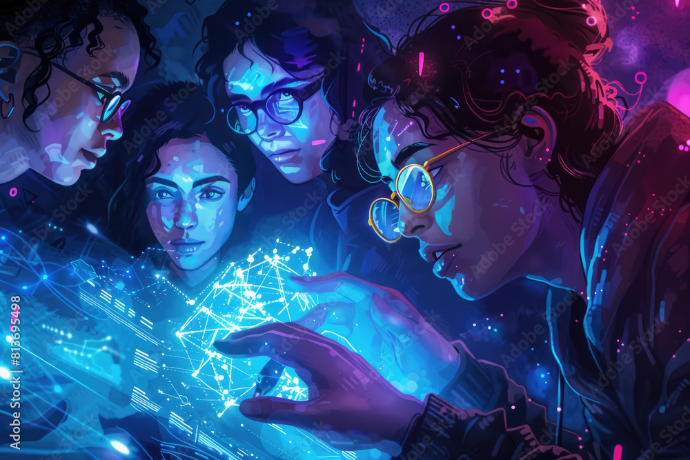 Poster multiple individuals gathered around a computer screen, focusing intently on its contents
