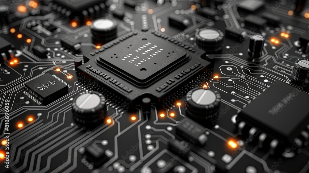 Poster high-tech electronic circuit board with central processor and glowing lights