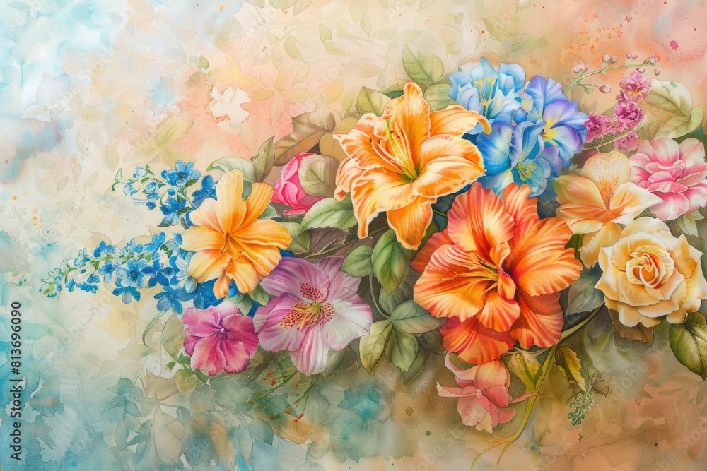 Poster a colorful painting featuring various flowers against a multi-colored background, creating a lively 