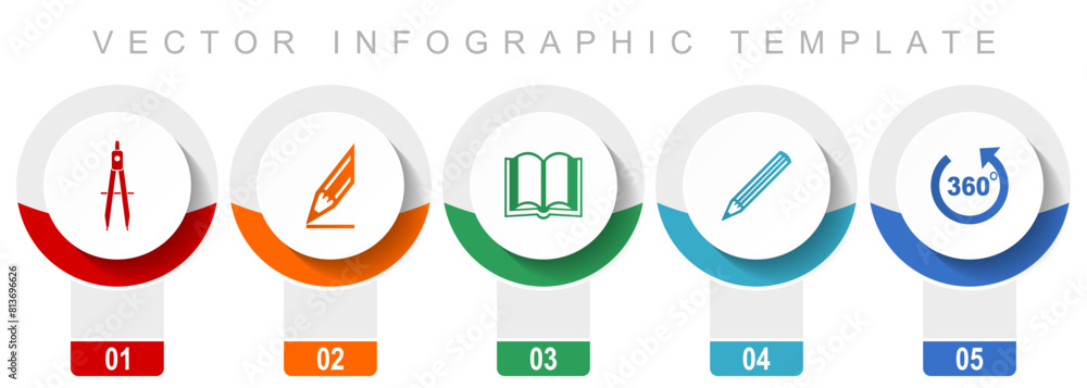 Aufkleber education icon set, miscellaneous vector icons such as calippers, pencil, book and 360 degree, moder