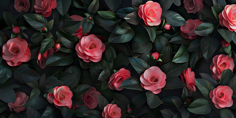 A wallpaper of a pink roses plant with green leaves background .