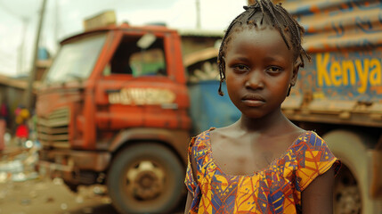 Obraz premium Portrait of a Young Kenyan Girl in Traditional Outfit in Front of a Truck in Kenya