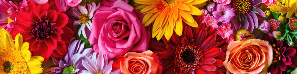 Obraz premium A close view of vibrant, multi-colored flowers in a bunch, showcasing their intricate petals and varying hues