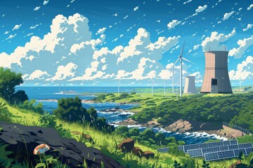 Illustrate a coastal landscape featuring a nuclear power station near the water