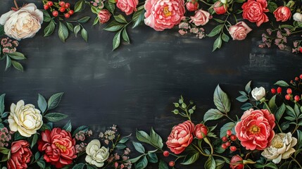 Design a chalkboard banner for a wedding reception, featuring elegant calligraphy and floral designs