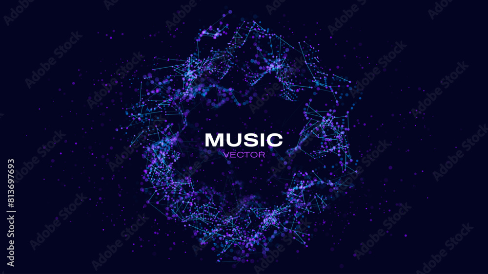 Poster Particles Circle Frame. Particles Shockwave Explosion Effect on Dark Background. Digital Explosion. Radial Sound Explosion Wave Music Visualization. Colorful Equalizer Background. Vector Illustration.