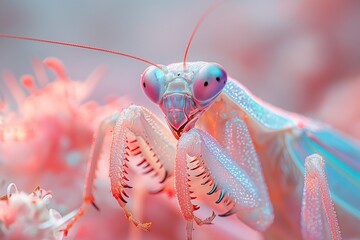 AI generated illustration of a colorful flower and praying mantis in pink and blue hues