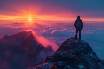 Fototapeta premium AI generated illustration of a person standing on foggy mountain peak at sunset