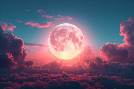 AI generated illustration of a pink moon and clouds with bright stars in pink skies