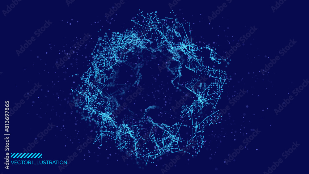 Poster Particles Circle Frame. Particles Shockwave Explosion Effect on Dark Background. Digital Explosion. Radial Sound Explosion Wave Music Visualization. Colorful Equalizer Background. Vector Illustration.