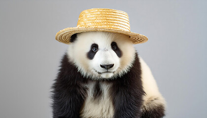 Adorable Baby Panda Wearing a Straw Hat