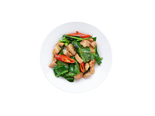 Thai food Stir-fried kale with shredded pork white background