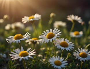 Beautiful chamomile flowers in meadow. Spring or summer nature scene with blooming daisy in sun flares.