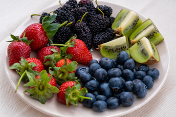 Blueberries, strawberries, blackberries and sliced kiwi fruit on a plate on a tablecloth