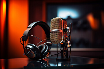 Radio podcast deejay near microphone recording news song program live broadcasting Generative AI