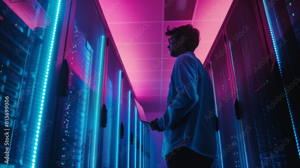 Poster the it engineer in the data center works on his laptop while operating diagnostic or maintenance tas