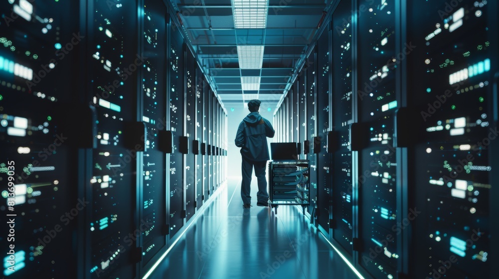 Poster in a large data center full of rack servers, a computer engineer with tool cart deploys new software