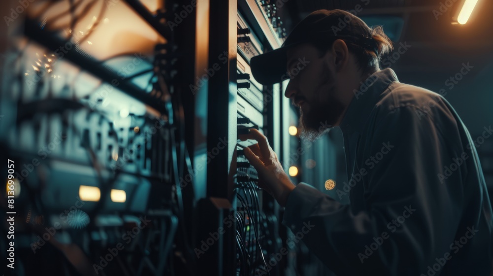 Poster a photo of an it technician turning on a data server out of focus.