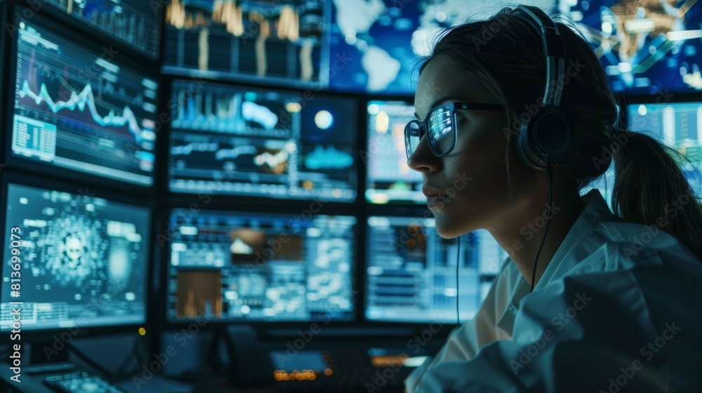 Poster over the shoulder footage of a female it engineer working in a monitoring room. she works with multi