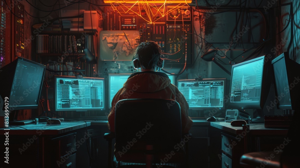Poster teenage hacker working on computer and infecting government infrastructure servers with virus. his h