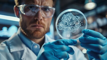 Scientist holding cold petri dish with samples in a busy modern laboratory.