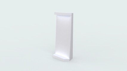 White metal advertising stand realistic look simple blank desk with light empty signboard 3d rendering image isometric front left view