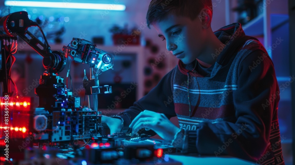 Poster a boy builds a fully functioning robot with bright led lights and programs it with his laptop for a 