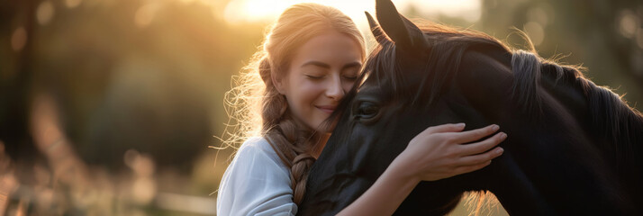 Woman joyfully hugging black horse in scenic field landscape. Generative AI