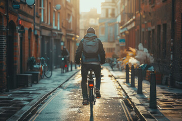 Man cycling to work in an urban setting, showcasing eco-friendly transportation, sunlight, backside view