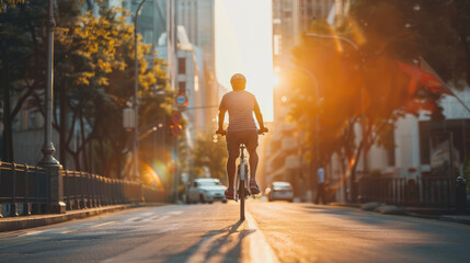Man cycling to work in an urban setting, showcasing eco-friendly transportation, sunlight, backside view