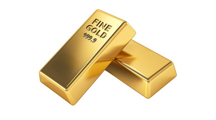 gold bars isolated on white background, with touches of silver, png.