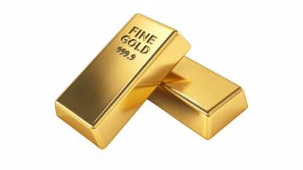 gold bars isolated on white background, with touches of silver, png.