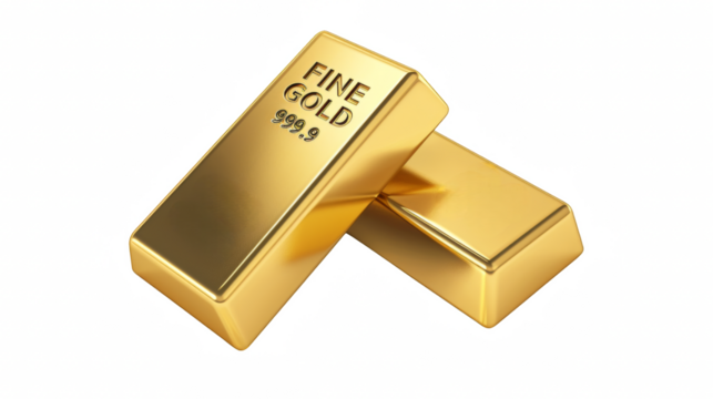 gold bars isolated on white background, with touches of silver, png.