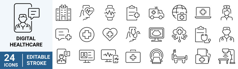 Digital healthcare and telemedicine web line icons. editable stroke. vector illustration. 