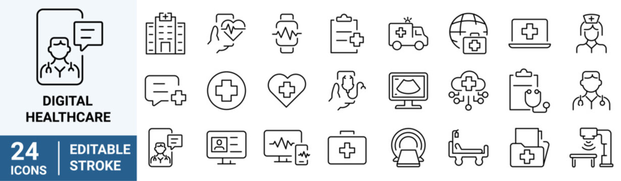 Digital healthcare and telemedicine web line icons. editable stroke. vector illustration. 