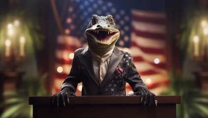 Surreal image of an alligator dressed in a stylish suit, standing at a podium with an American flag backdrop.