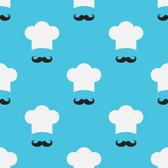 White chef hat with black mustache on blue background. Vector seamless pattern.