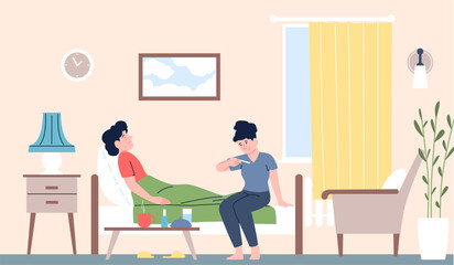 Man sick on sofa at home. Cold or influenza, ill guy and girl treats him. Couple sitting at home for recover. Cartoon healthcare recent vector scene